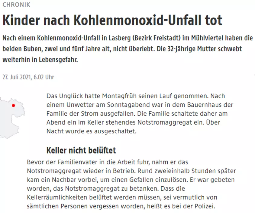 Bild zeigt einen ausschnitt aus einem Zeitungsartikel, der über einen Kohlenmonoxid Unfall berichtet