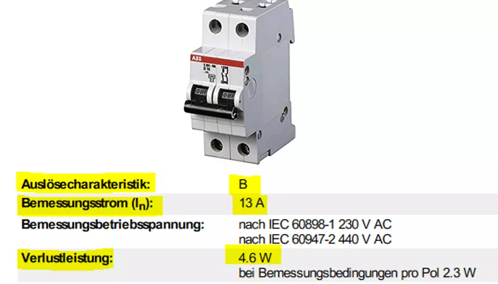 Bild zeigt ein Datenblatt von einem Leitungsschutzschalter ABB