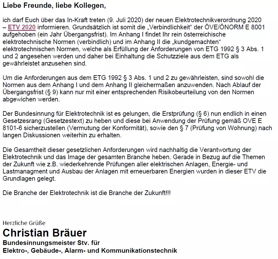 Dieses Bild zeigt einen Brief von Bundesinnungsmeister Christian Bräuer