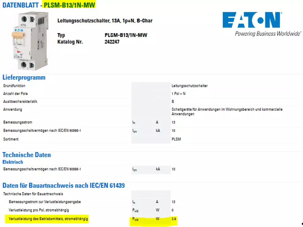 Bild zeigt ein Datenblatt von einem Leitungsschutzschalter Eaton