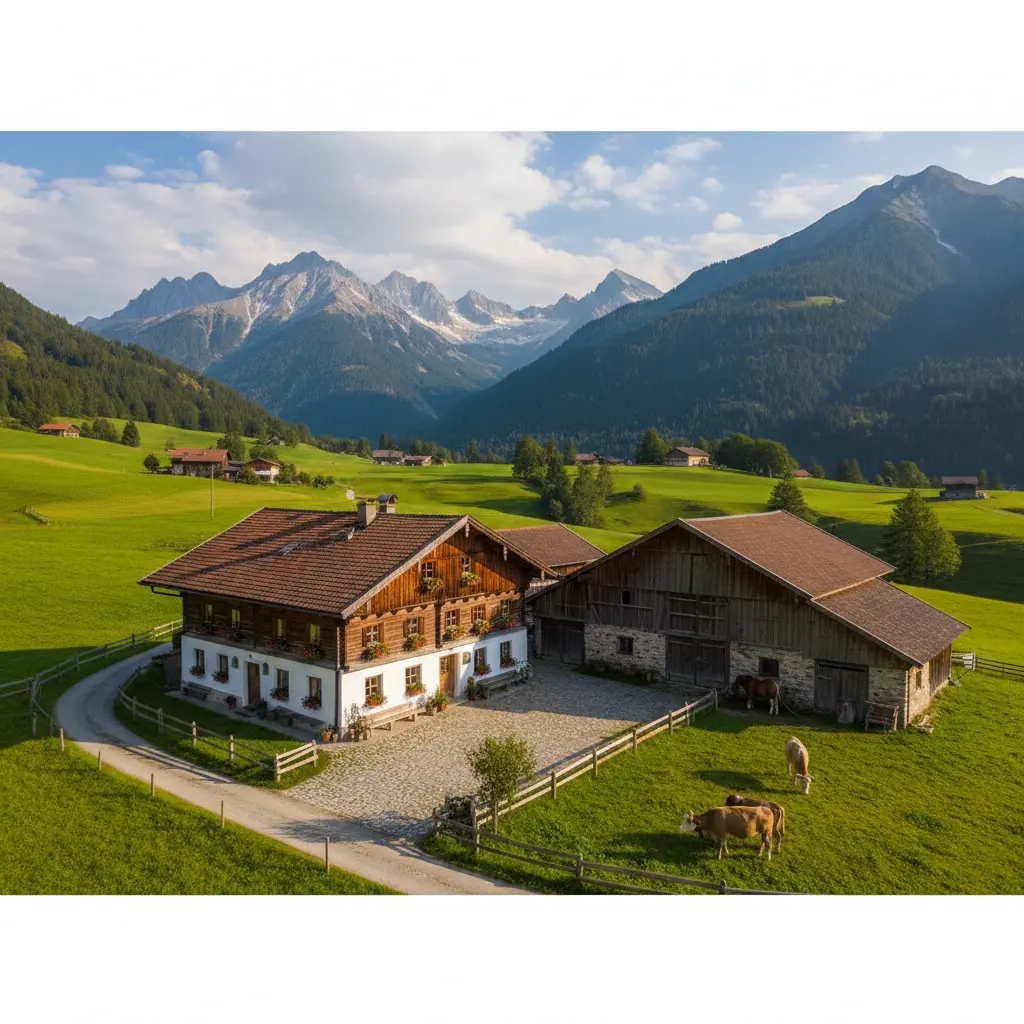 Das Bild zeigt einen Bauernhof mit Bergen im Hintergrund